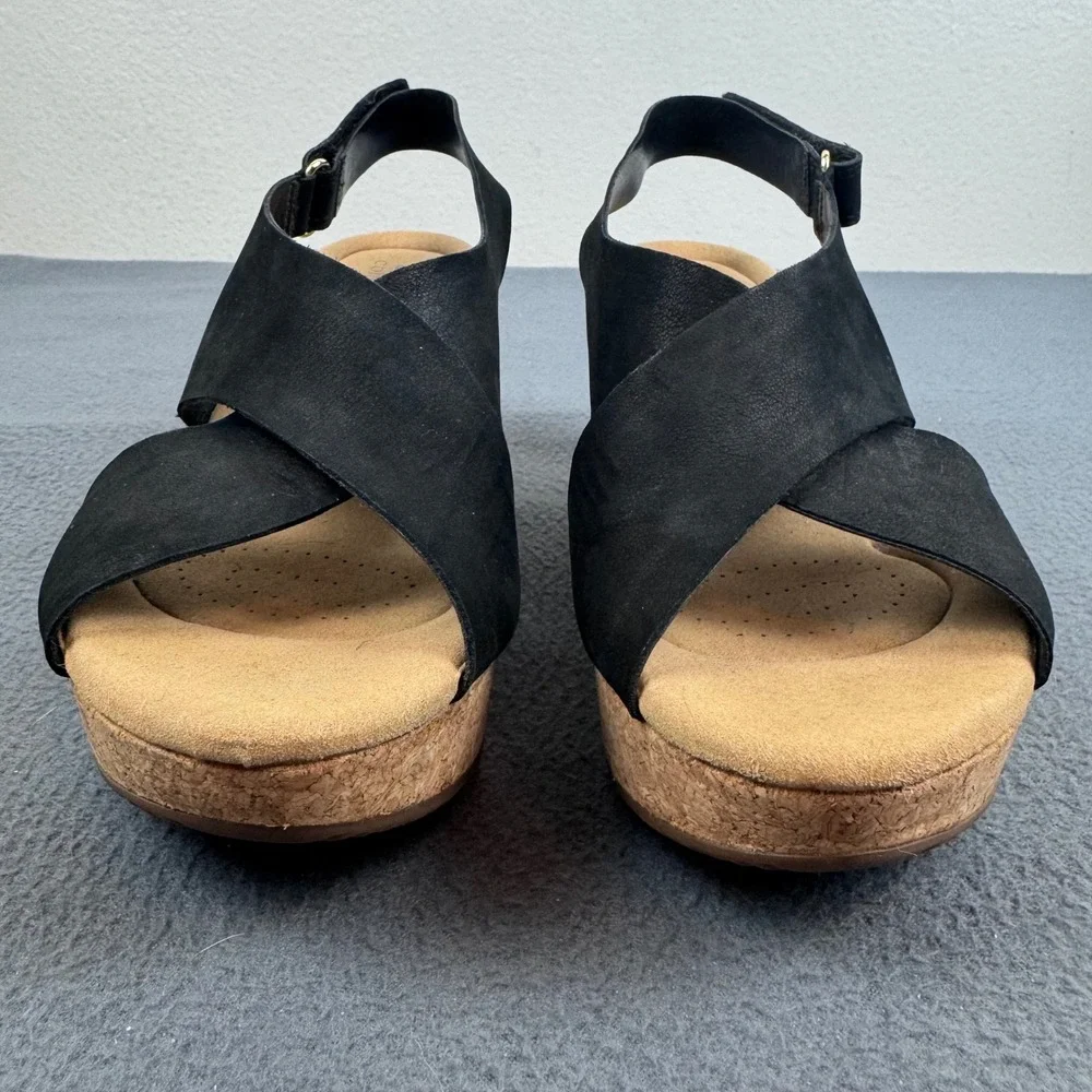 Clarks Annandel Eirwyn Wedge Sandals Womens 9 Black Leather Cork Platform Sling